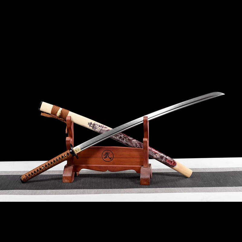 T10 Steel Mirrorlike Blade Japanese Samurai Katana with Bo-hi Full Tang Dragon Samurai Saya 