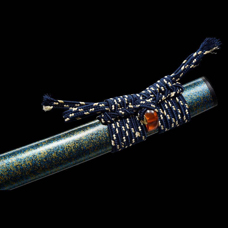 T10 Steel Blade Leaf Pattern Japanese Samurai Katana with Bo-hi Snake Pattern Fitting Blue-green Saya 