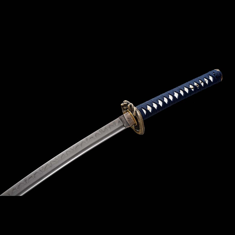 T10 Steel Blade Leaf Pattern Japanese Samurai Katana with Bo-hi Snake Pattern Fitting Blue-green Saya 