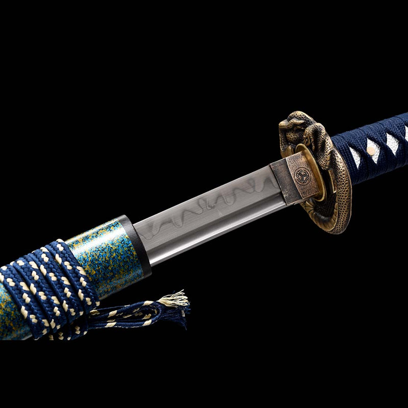 T10 Steel Blade Leaf Pattern Japanese Samurai Katana with Bo-hi Snake Pattern Fitting Blue-green Saya 