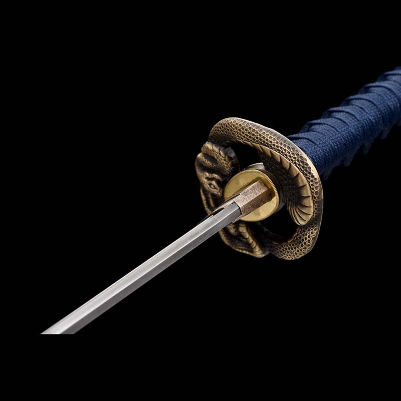 T10 Steel Blade Leaf Pattern Japanese Samurai Katana with Bo-hi Snake Pattern Fitting Blue-green Saya 
