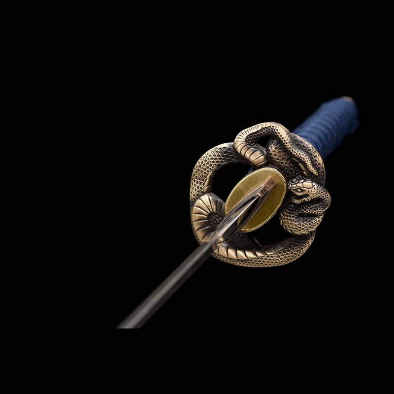 T10 Steel Blade Leaf Pattern Japanese Samurai Katana with Bo-hi Snake Pattern Fitting Blue-green Saya 