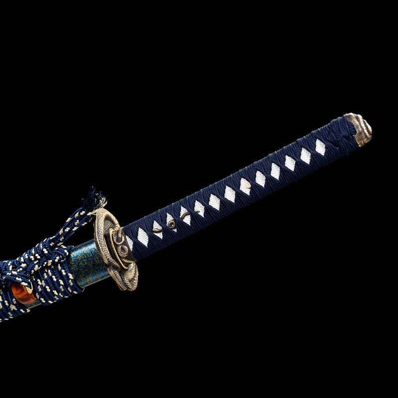 T10 Steel Blade Leaf Pattern Japanese Samurai Katana with Bo-hi Snake Pattern Fitting Blue-green Saya 