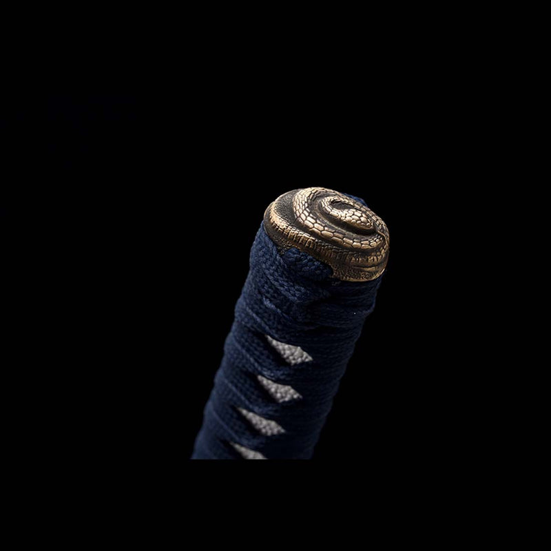 T10 Steel Blade Leaf Pattern Japanese Samurai Katana with Bo-hi Snake Pattern Fitting Blue-green Saya 