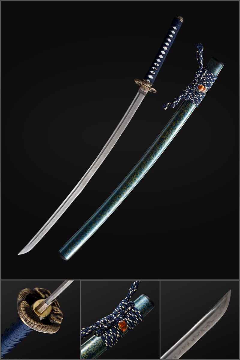 T10 Steel Blade Leaf Pattern Japanese Samurai Katana with Bo-hi Snake Pattern Fitting Blue-green Saya 