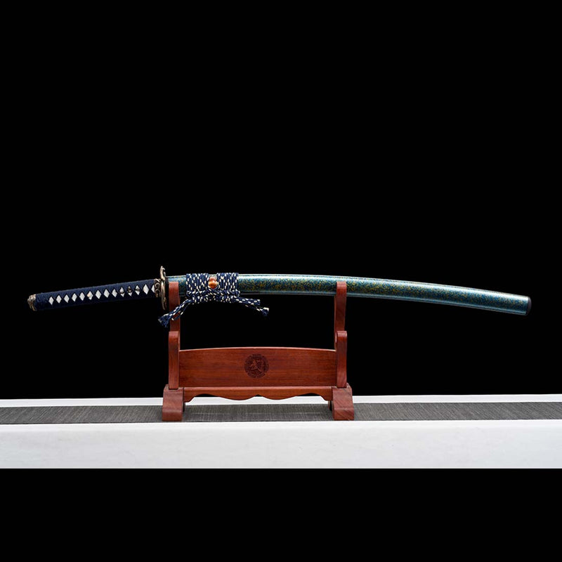 T10 Steel Blade Leaf Pattern Japanese Samurai Katana with Bo-hi Snake Pattern Fitting Blue-green Saya 