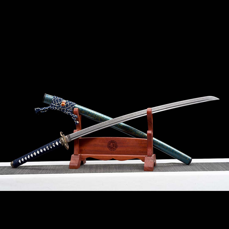 T10 Steel Blade Leaf Pattern Japanese Samurai Katana with Bo-hi Snake Pattern Fitting Blue-green Saya 