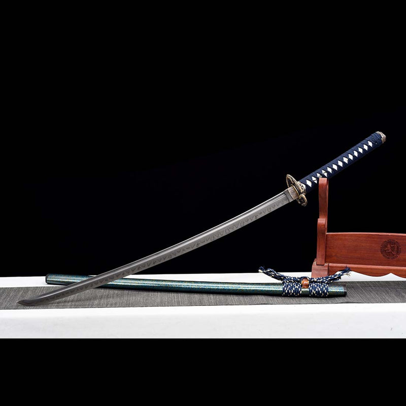 T10 Steel Blade Leaf Pattern Japanese Samurai Katana with Bo-hi Snake Pattern Fitting Blue-green Saya 