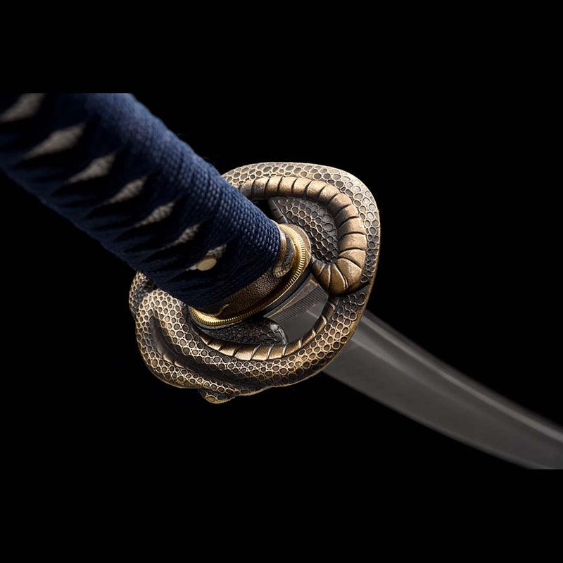 T10 Steel Blade Leaf Pattern Japanese Samurai Katana with Bo-hi Snake Pattern Fitting Blue-green Saya 