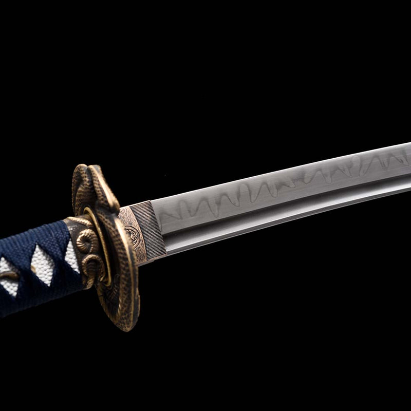 T10 Steel Blade Leaf Pattern Japanese Samurai Katana with Bo-hi Snake Pattern Fitting Blue-green Saya 