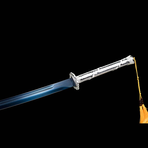 Handmade Spring Steel Katana Sword Full Tang Quenched Blue Blade with Bo-hi Silver-COOLKATANA-QQ-0116-U