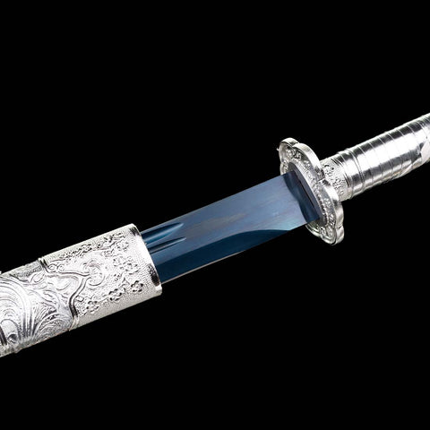Hand-forged Spring Steel Katana Sword Full Tang Quenched Blue Blade with Bo-hi Silver-QQ-0116-U