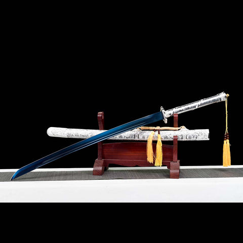 Spring Steel Katana Sword Full Tang Quenched Blue Blade with Bo-hi Silver Replica-QQ-0116-U