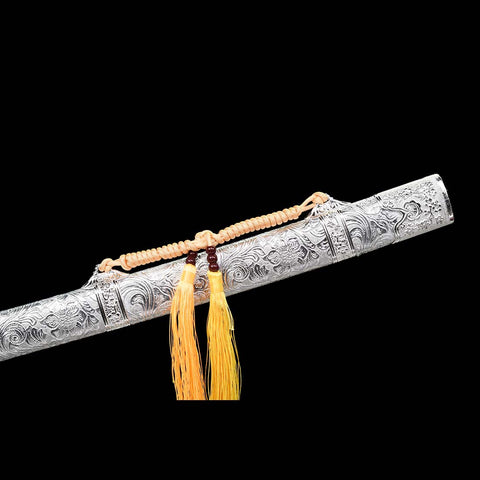 Handmade Spring Steel Katana Sword Full Tang Quenched Blue Blade with Bo-hi Silver-COOLKATANA-QQ-0116-U