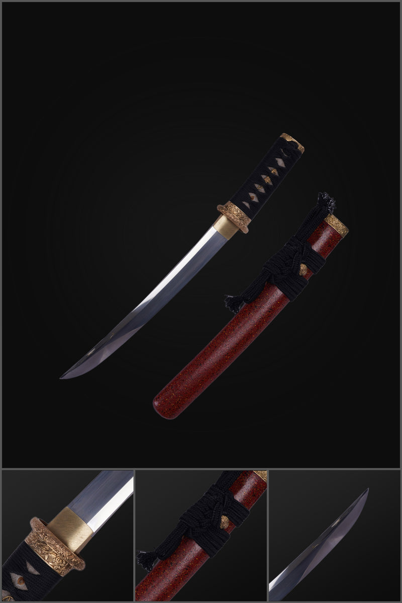 Hand Forged Japanese Tanto Sword Short Sword T10 Steel Clay Tempered Copper Tsuba 