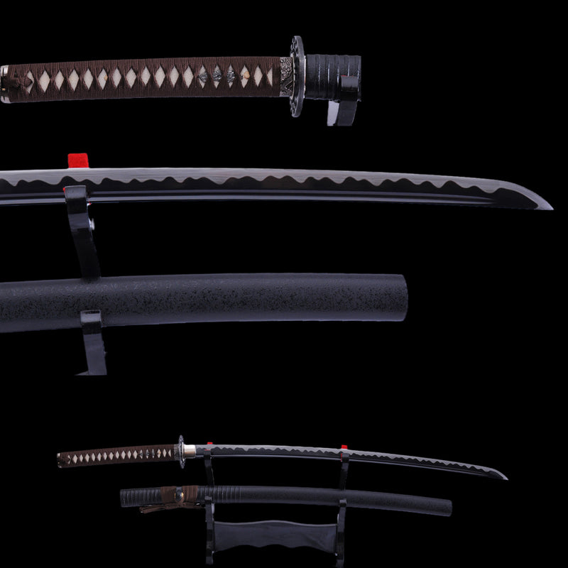 Handgeschmiedetes japanisches Samurai-Katana-Schwert 1095 Kohlenstoffstahl Schwarze Klinge Legierung Tsuba - COOLKATANA 