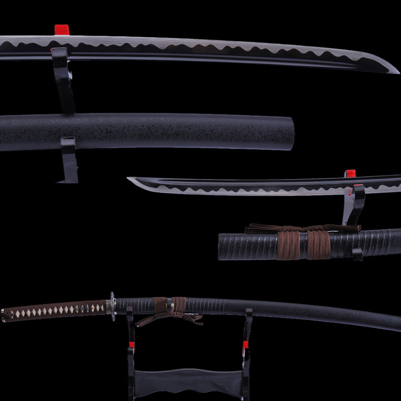 Handgeschmiedetes japanisches Samurai-Katana-Schwert 1095 Kohlenstoffstahl Schwarze Klinge Legierung Tsuba - COOLKATANA 