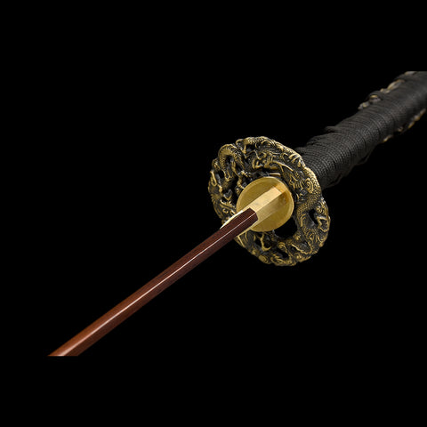 Hand Forged Japanese Samurai Katana Sword Damascus Folded Steel Reddish Black Blade Brass Dragon Tsuba-COOLKATANA-SL-206-U