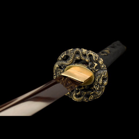 Hand Forged Japanese Samurai Katana Sword Damascus Folded Steel Reddish Black Blade Brass Dragon Tsuba-COOLKATANA-SL-206-U