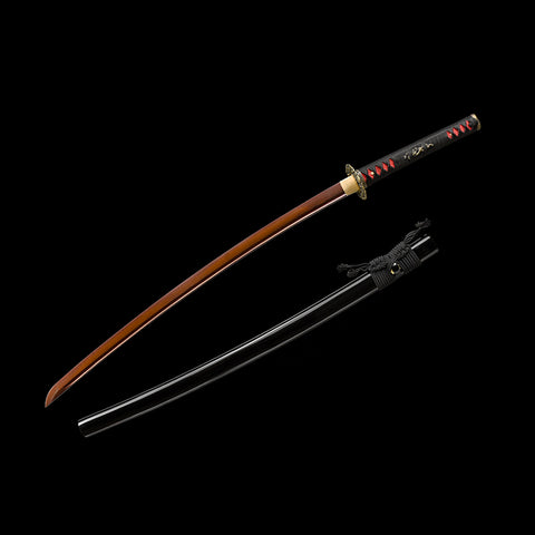 Hand Forged Japanese Samurai Katana Sword Damascus Folded Steel Reddish Black Blade Brass Dragon Tsuba-COOLKATANA-SL-206-U