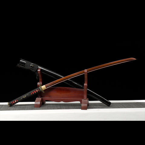 Hand Forged Japanese Samurai Katana Sword Damascus Folded Steel Reddish Black Blade Brass Dragon Tsuba-COOLKATANA-SL-206-U