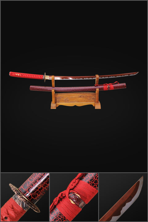 Hand Forged Japanese Samurai Katana Sword 1095 Carbon Steel Red Blade Abrasived Hamon-COOLKATANA-SL-1009-U