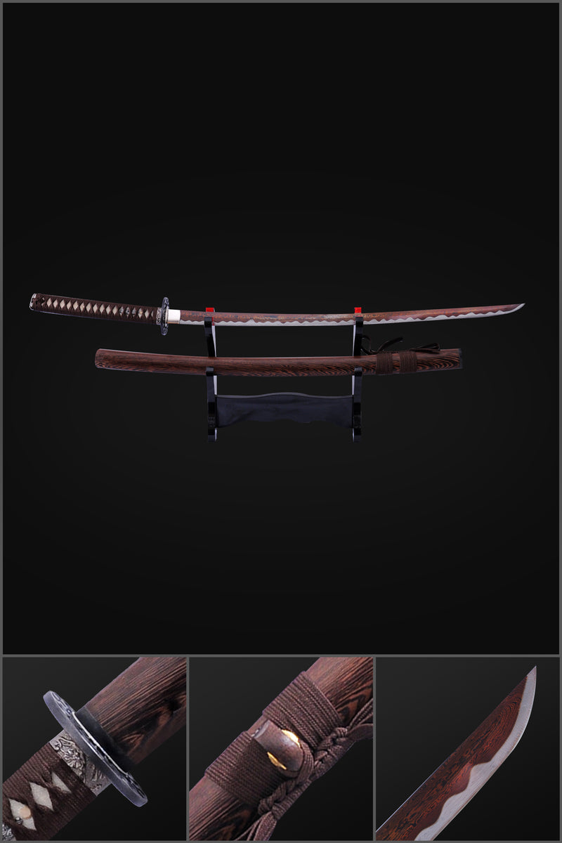 Hand Forged Japanese Samurai Katana Sword Folded Steel Reddish Black B 