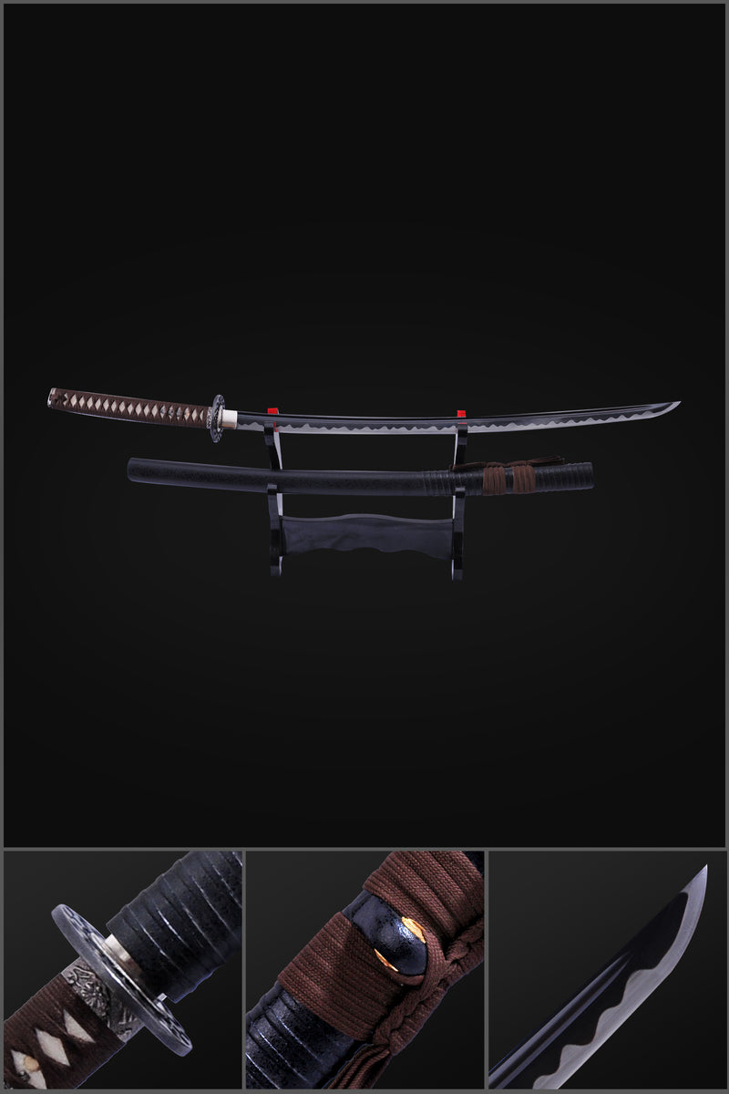 Handgeschmiedetes japanisches Samurai-Katana-Schwert 1095 Kohlenstoffstahl Schwarze Klinge Legierung Tsuba - COOLKATANA 