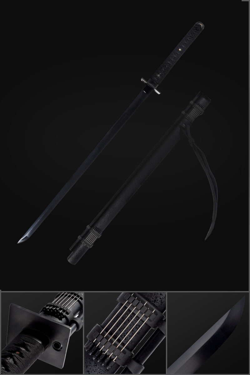 Handgeschmiedetes japanisches Ninja-Schwert Gefalteter Stahl Schwarze Klinge Eisen Quadratische Tsuba-Blasnadeln - COOLKATANA 