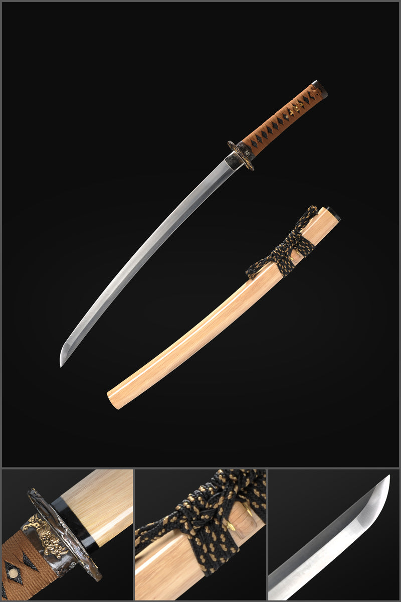 Hand Forged Japanese Wakizashi Sword Feathered-Pattern Folded Steel Co 