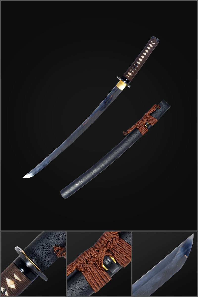 Handgeschmiedetes japanisches Wakizashi-Schwert Gefalteter Stahl Ton Gehärtetes Federmuster Klinge Eisen Tsuba Kampfbereit - COOLKATANA 