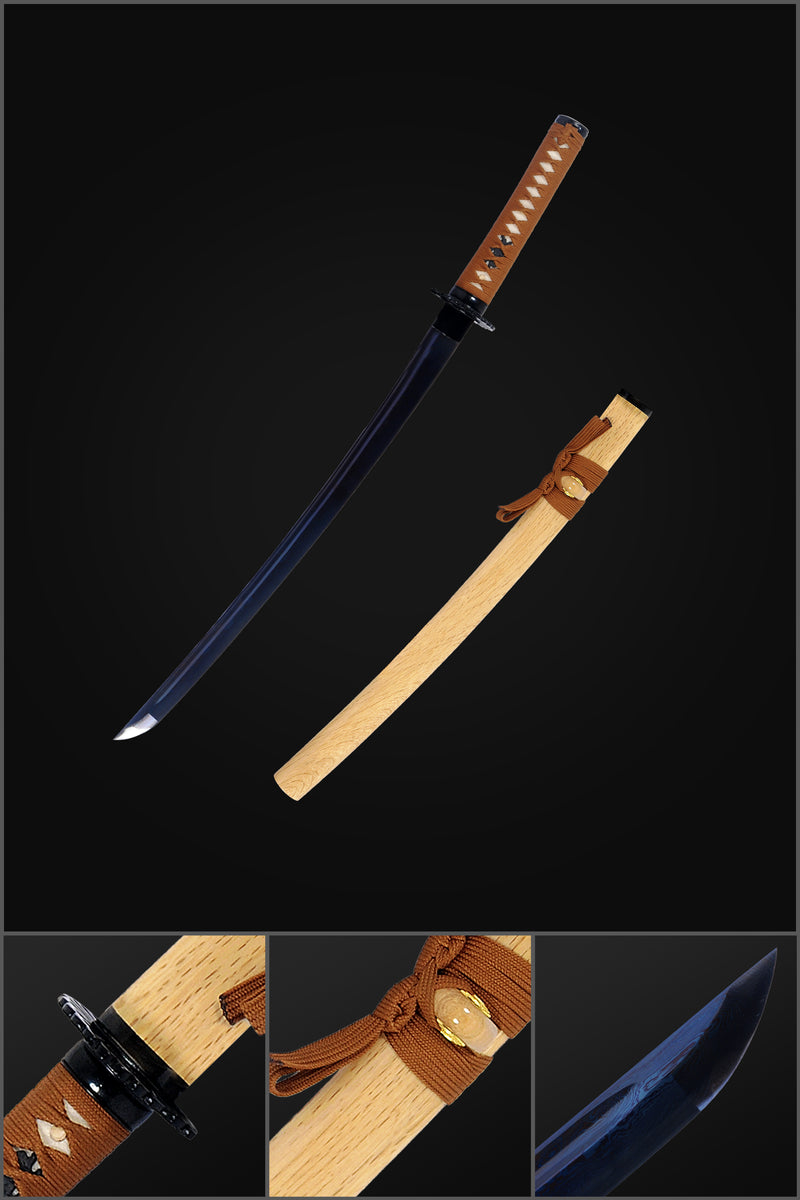 Handgeschmiedetes japanisches Wakizashi-Schwert Blaue Klinge Gefalteter Stahl Tsuba Full Tang Sharp - COOLKATANA 