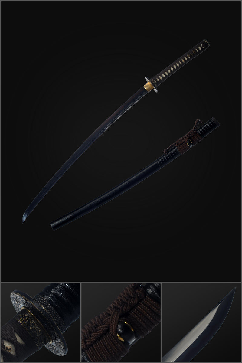 Handgeschmiedetes japanisches Samurai-Schwert UNOKUBI-ZUKURI Katana gefaltete Stahlklinge aus gehärtetem schwarzem Ton - COOLKATANA 