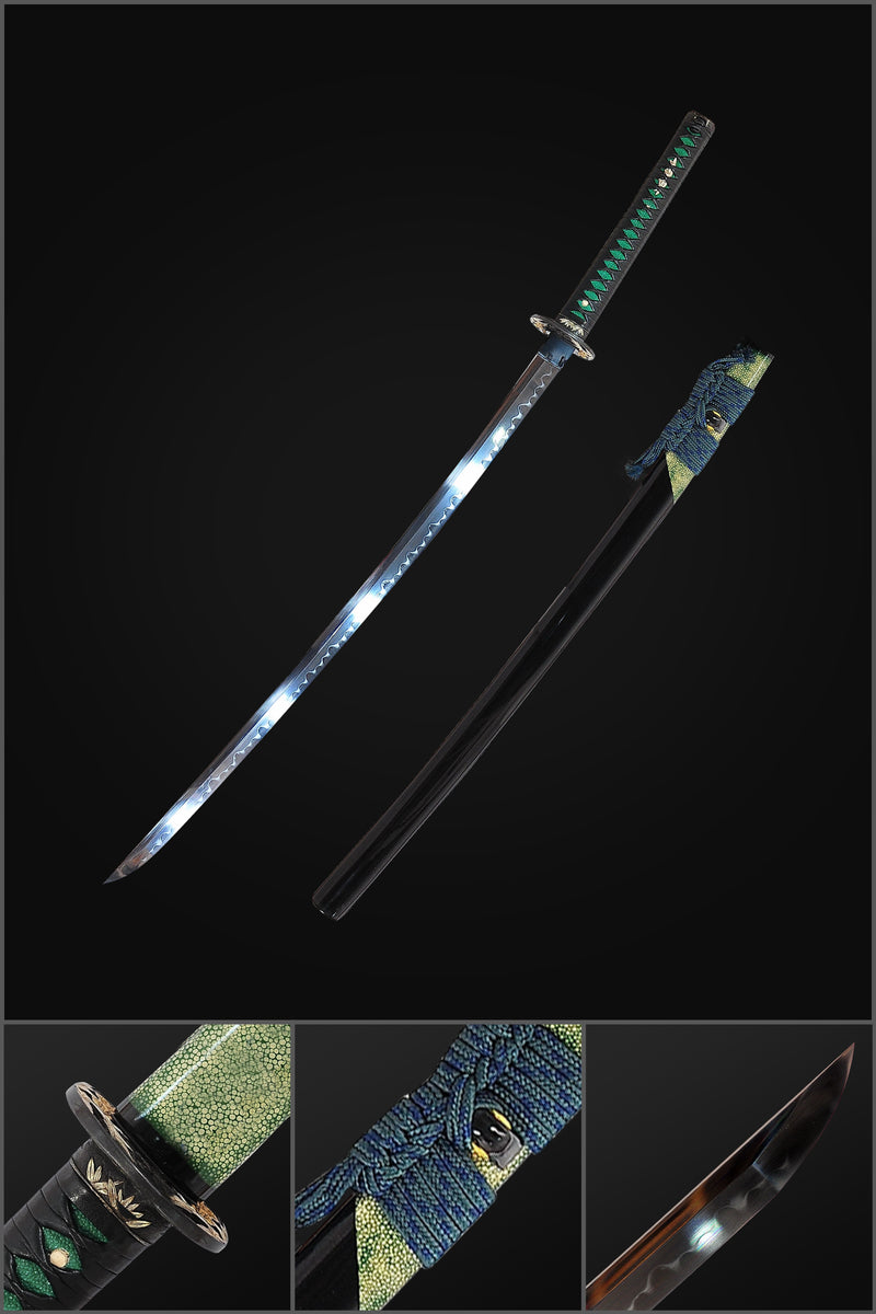 Hand Forged Japanese Samurai Katana Sword 1095 Steel O-Kissaki Clay Tempered Rayskin Saya Bamboo Tsub 