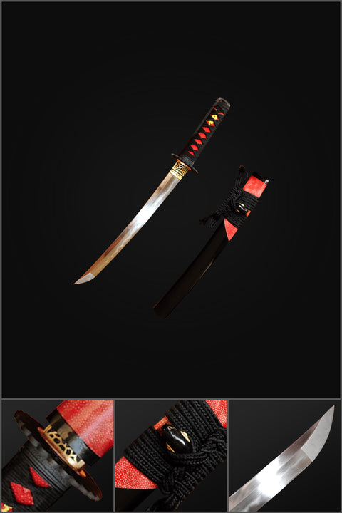 Hand Forged Japanese Tanto Short Sword Sanmai Clay Tempered Half-Rayskin Saya Sharp-COOLKATANA-SL-319-U