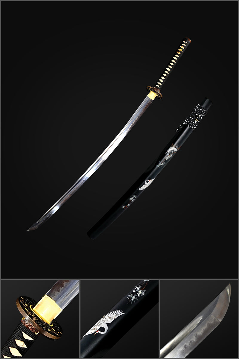 Handgeschmiedetes japanisches Samurai-Katana-Schwert 1095 Gefalteter Stahl Clay Tempered Hand-Drawn Crane Saya - COOLKATANA 