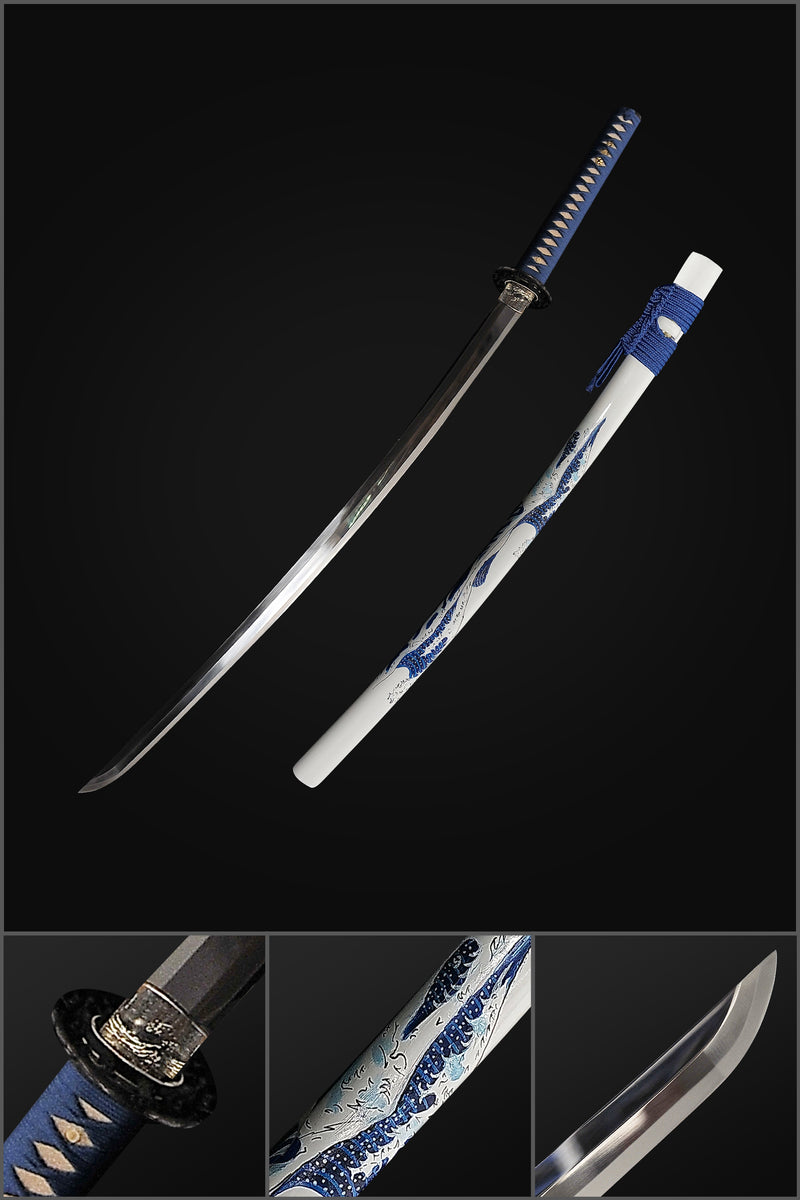 Handgeschmiedetes japanisches Samurai-Katana-Schwert 1095 Hartstahl Handgezeichnete Wellen-Saya - COOLKATANA 