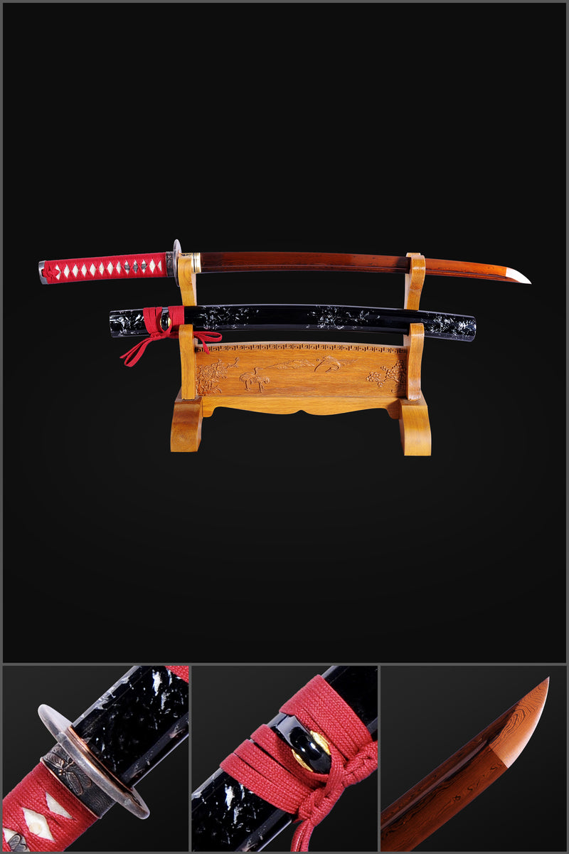 Hand Forged Japanese Wakizashi Sword Folded Steel Reddish Black Blade  