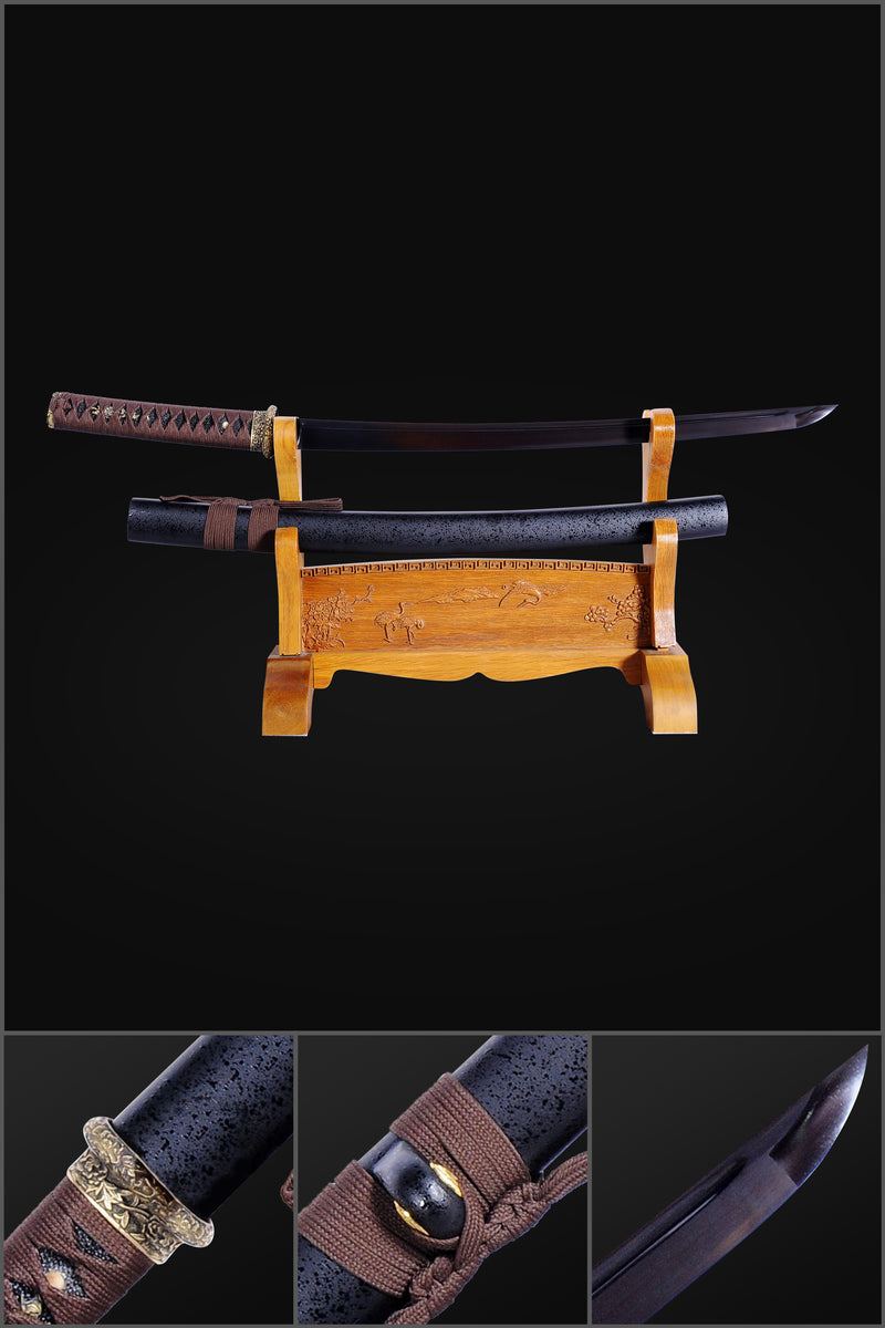 Hand Forged Japanese Wakizashi Sword Folded Steel Black Blade Brass Fi 