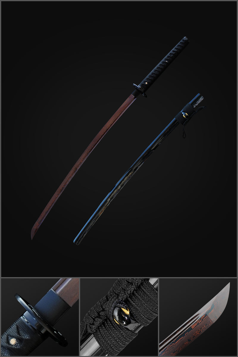 Handgeschmiedetes japanisches Samurai-Katana-Schwert gefaltete rötlich-schwarze Stahlklinge - COOLKATANA 