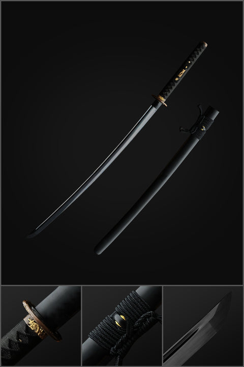 Hand Forged Japanese Samurai Katana Sword Folded Steel Black Blade Musashi Tsuba-COOLKATANA-SL-305-U