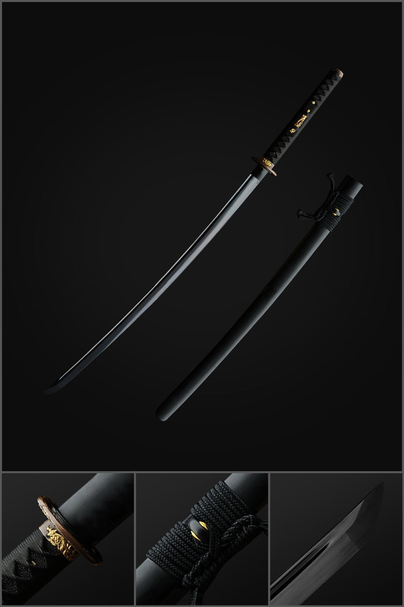 Handgeschmiedetes japanisches Samurai-Katana-Schwert, gefaltete schwarze Stahlklinge Musashi Tsuba - COOLKATANA 
