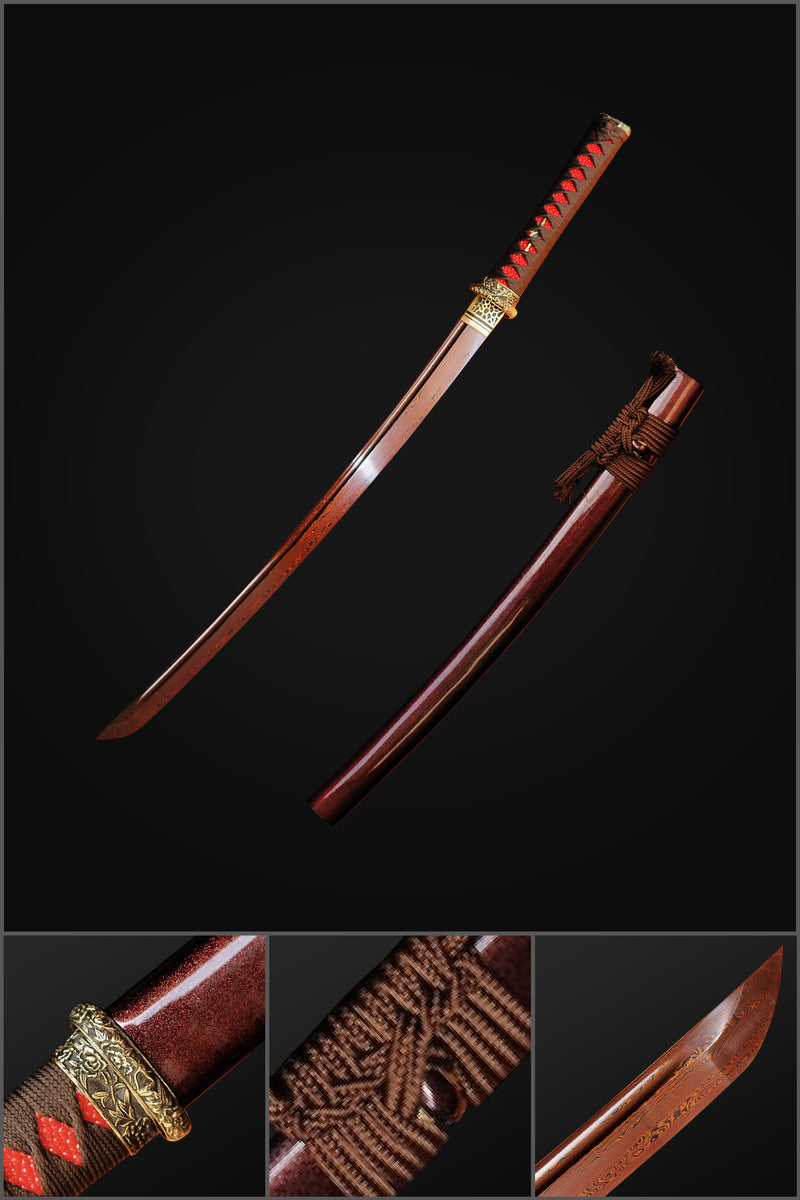 Handgeschmiedetes japanisches Wakizashi-Schwert, gefaltete Stahl-Messing-Tsuba, rötlich-schwarze Klinge - COOLKATANA 