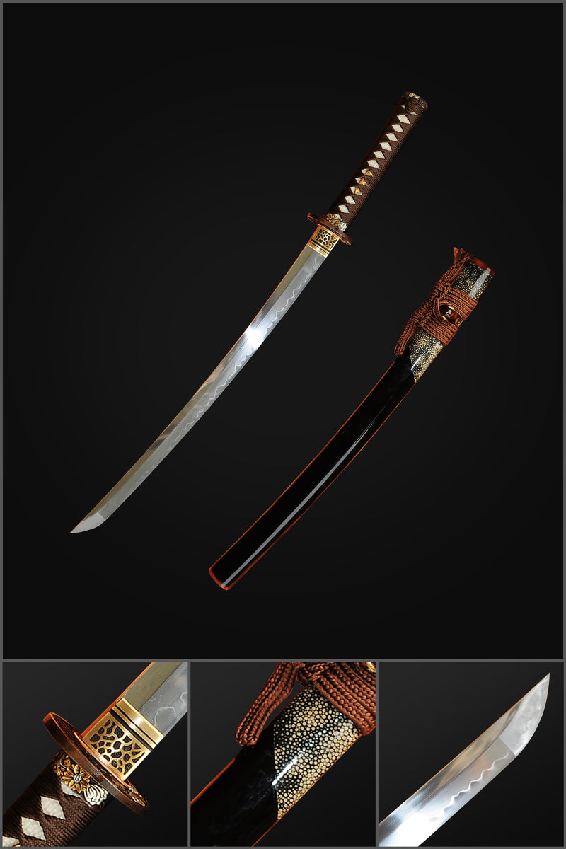 Handgeschmiedetes japanisches Wakizashi-Schwert 1095 Kohlenstoffstahl Ton gehärtete Rochenhaut Saya Kupfer Tsuba - COOLKATANA 