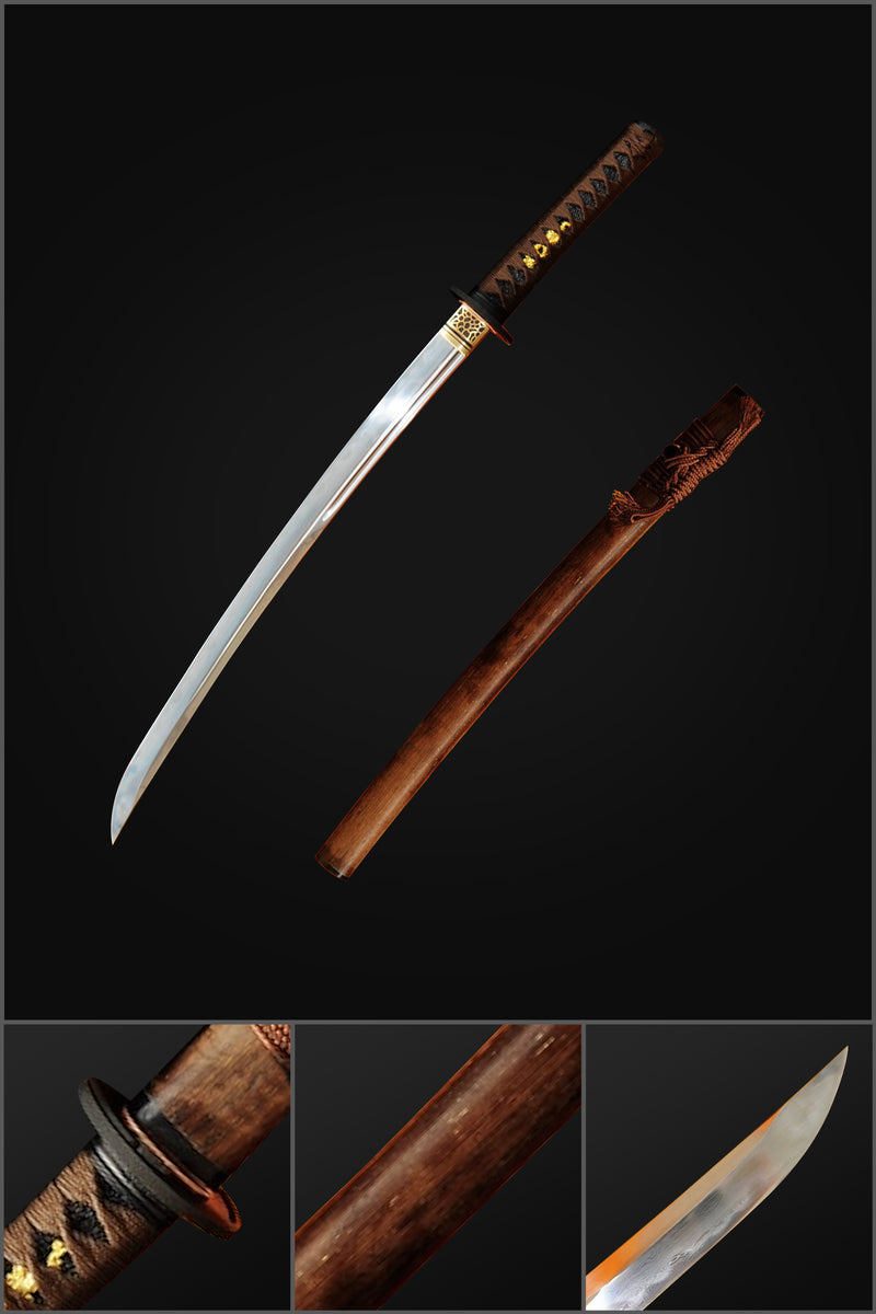 Handgeschmiedetes japanisches Wakizashi-Schwert Honsanmai 1095 Kohlenstoffstahl + gefalteter gehärteter Tonstahl - COOLKATANA 