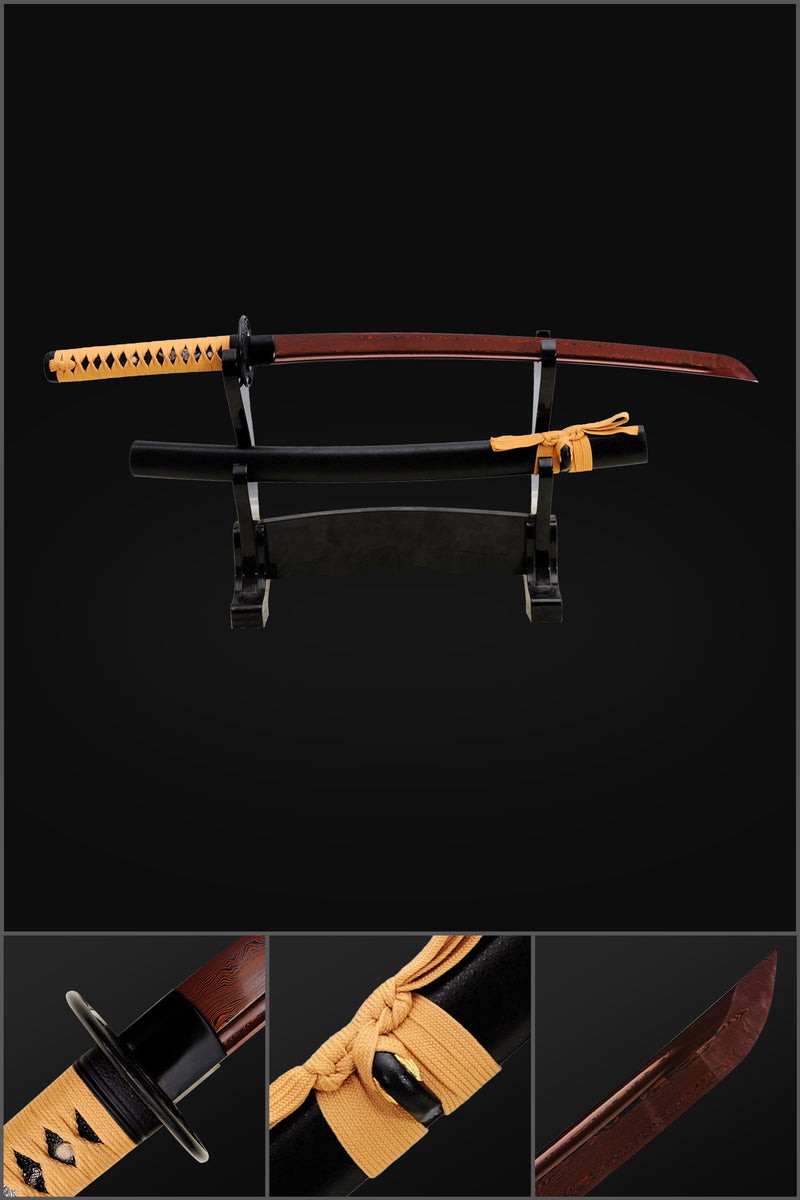 Hand Forged Japanese Wakizashi Sword Folded Steel Reddish Black Blade  