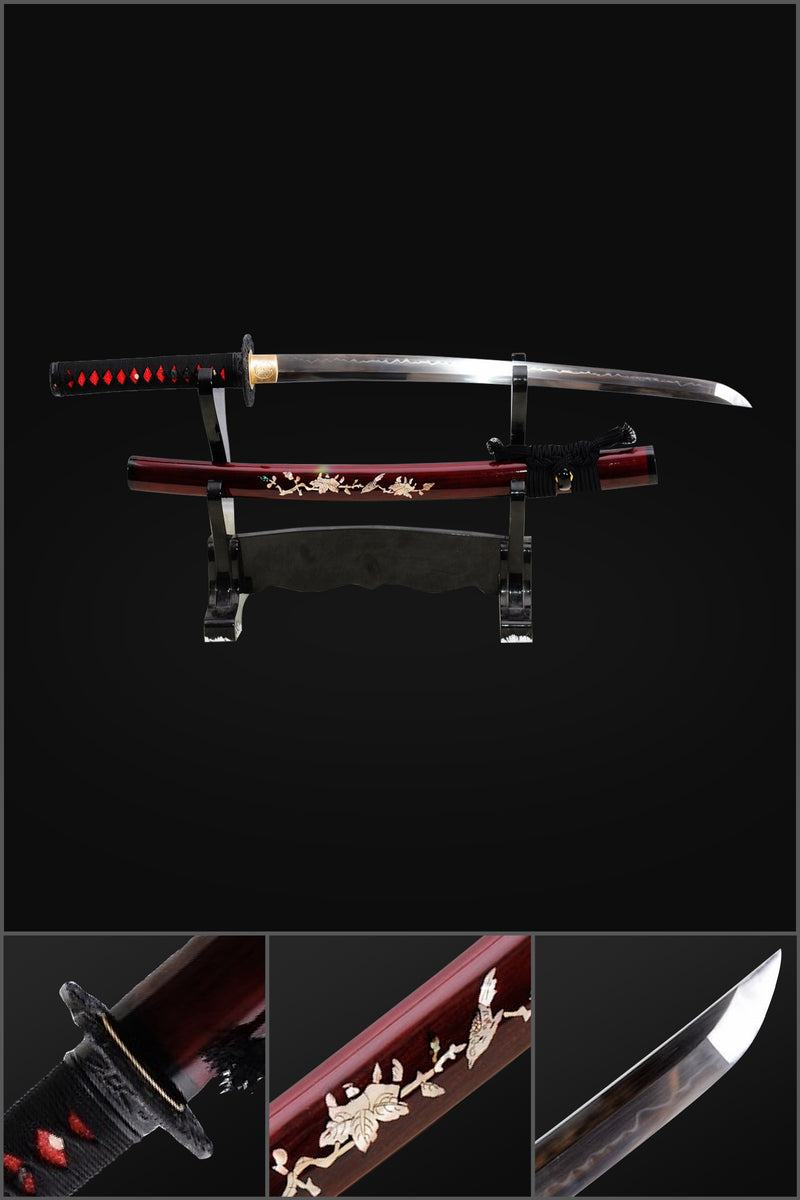 Handgeschmiedetes japanisches Wakizashi-Schwert 1095 Kohlenstoffstahl Ton gehärtete Schale mit eingelegter Saya - COOLKATANA 