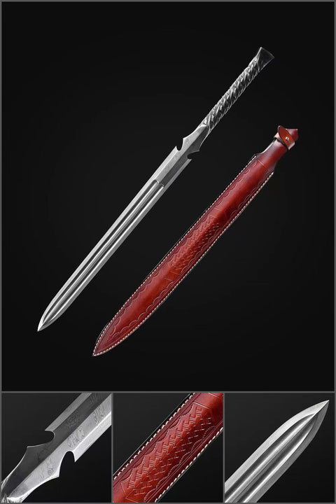 Hand Forged European Sword Spear Sword Folded Steel Red Leather Scabbard-COOLKATANA-SL-1391-U
