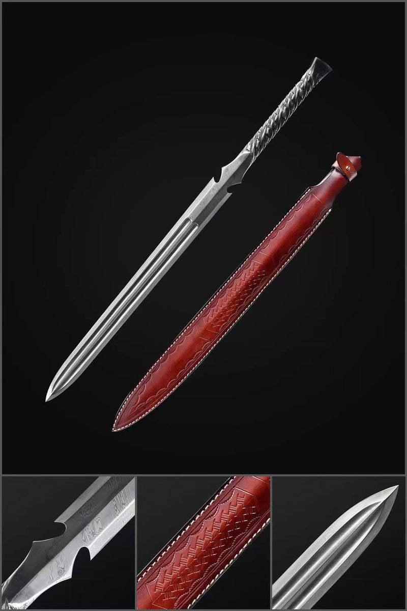 Hand Forged European Sword Spear Sword Folded Steel Red Leather Scabba 