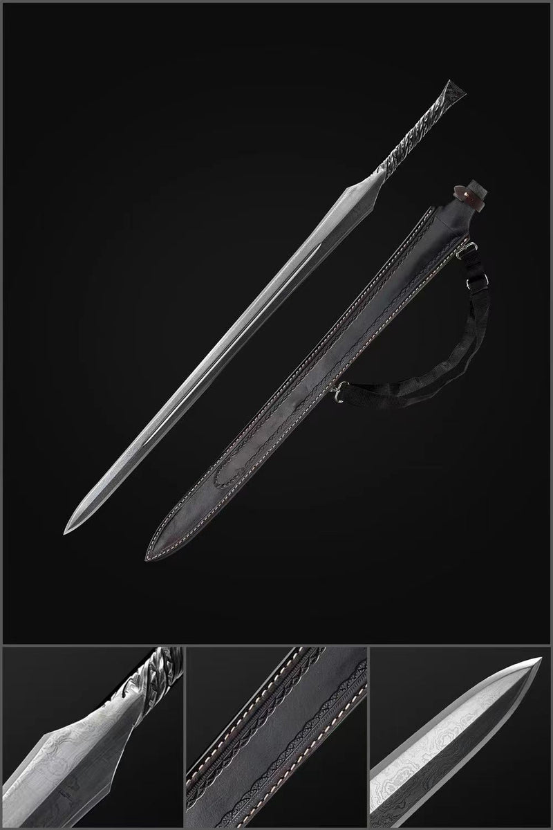 Hand Forged European Sword Spear Sword Folded Steel Black Leather Scab 